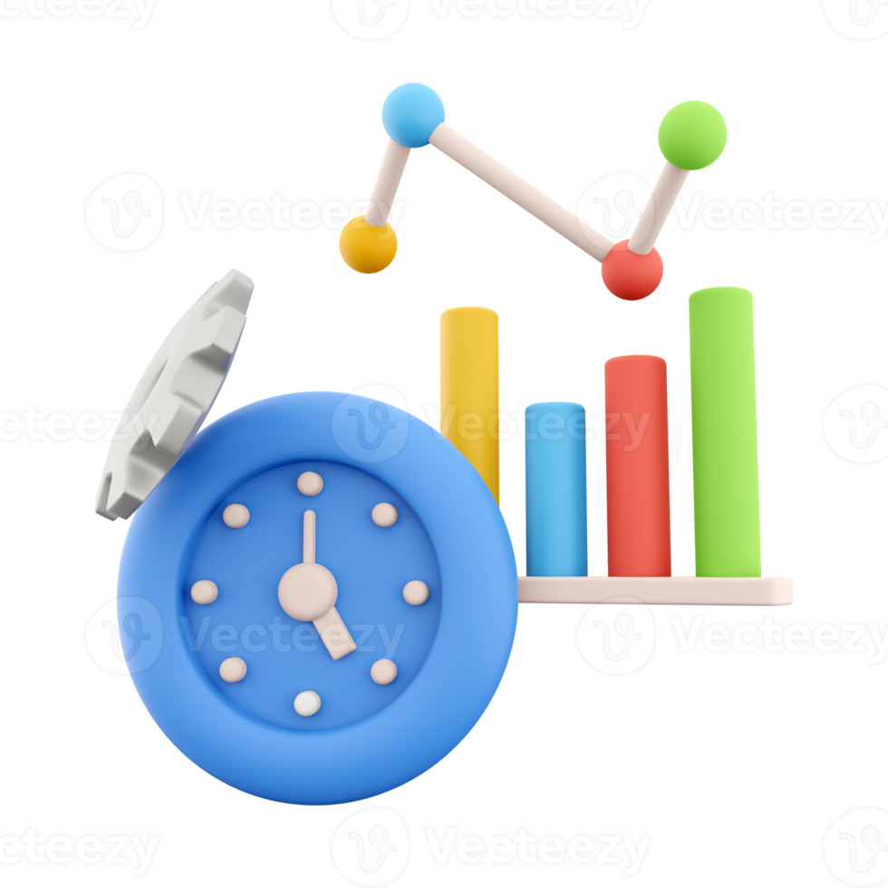 3d le rendu alarme l'horloge avec équipement croissance bar graphique icône. 3d rendre bleu minuteur avec croissance bar graphique icône.. alarme l'horloge avec équipement croissance bar graphique. png