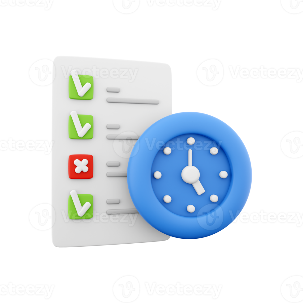 3d rendering timing concept with clock and check list on clipboard icon, 3d render clipboard with complete checklist icon. Timing concept with clock and check list on clipboard. png