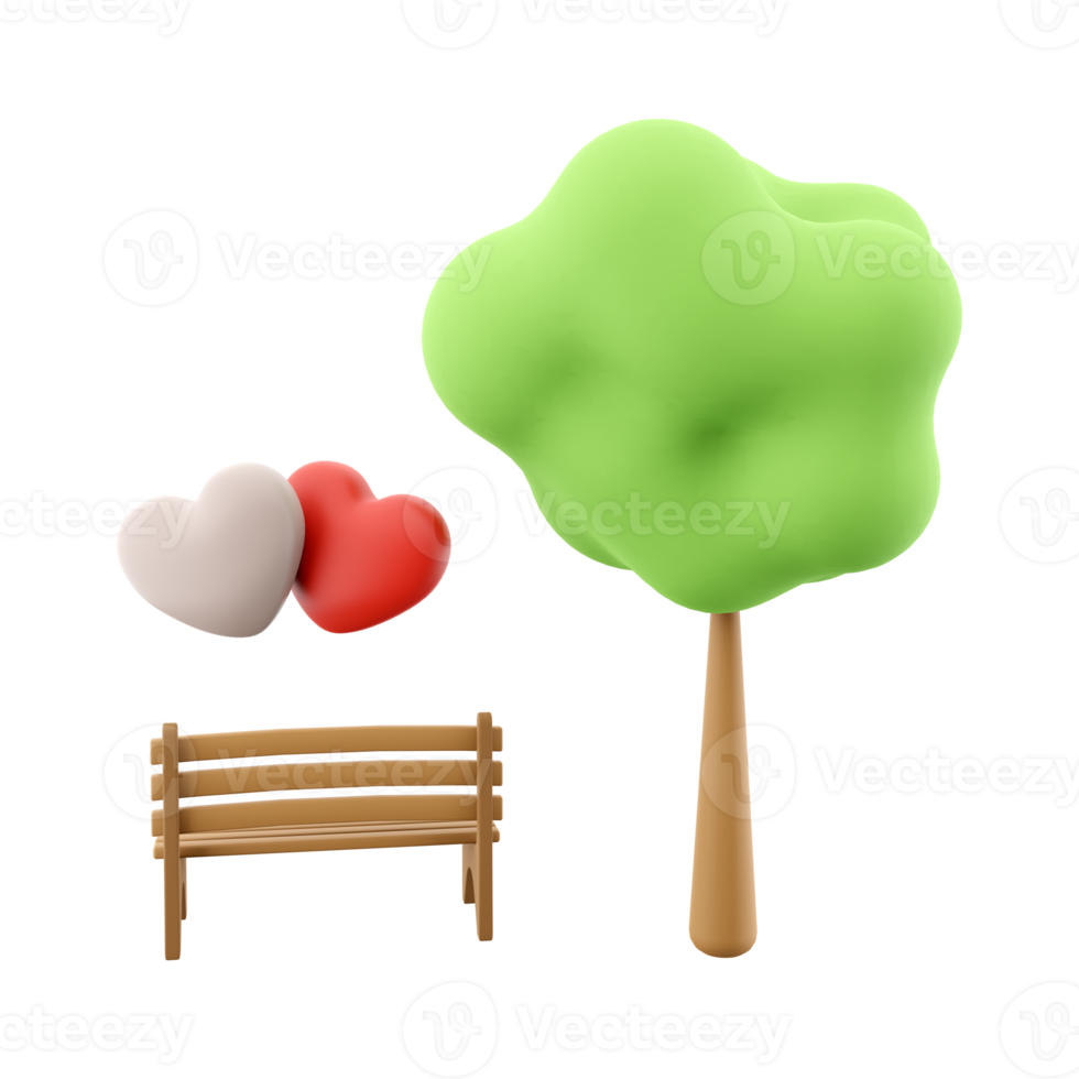 3d rendering icon two loving hearts on a bench near a tree. 3d render Valentine's Day icon. Two loving hearts on a bench near a tree. png