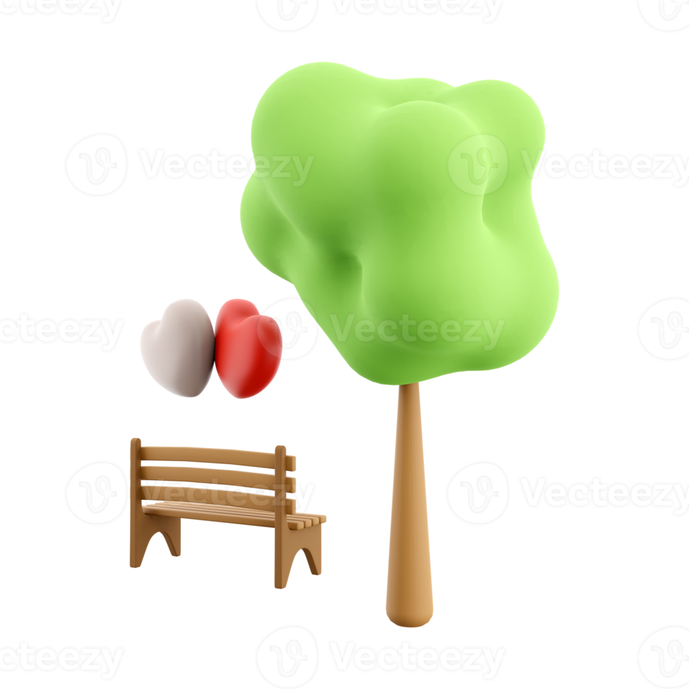 3d rendering icon two loving hearts on a bench near a tree. 3d render Valentine's Day icon. Two loving hearts on a bench near a tree. png