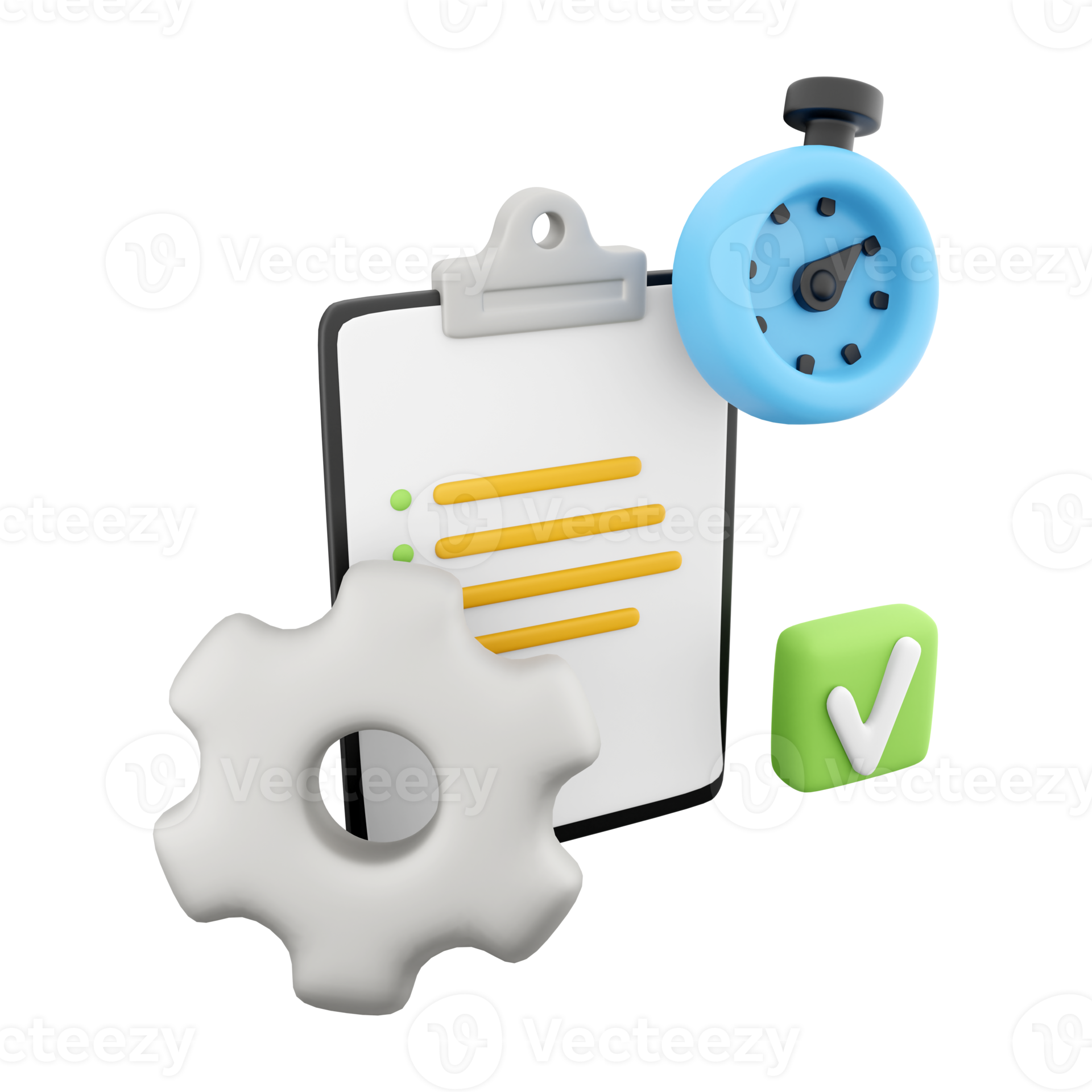 3d rendering clipboard with alarm clock and gear icon. 3d render timer