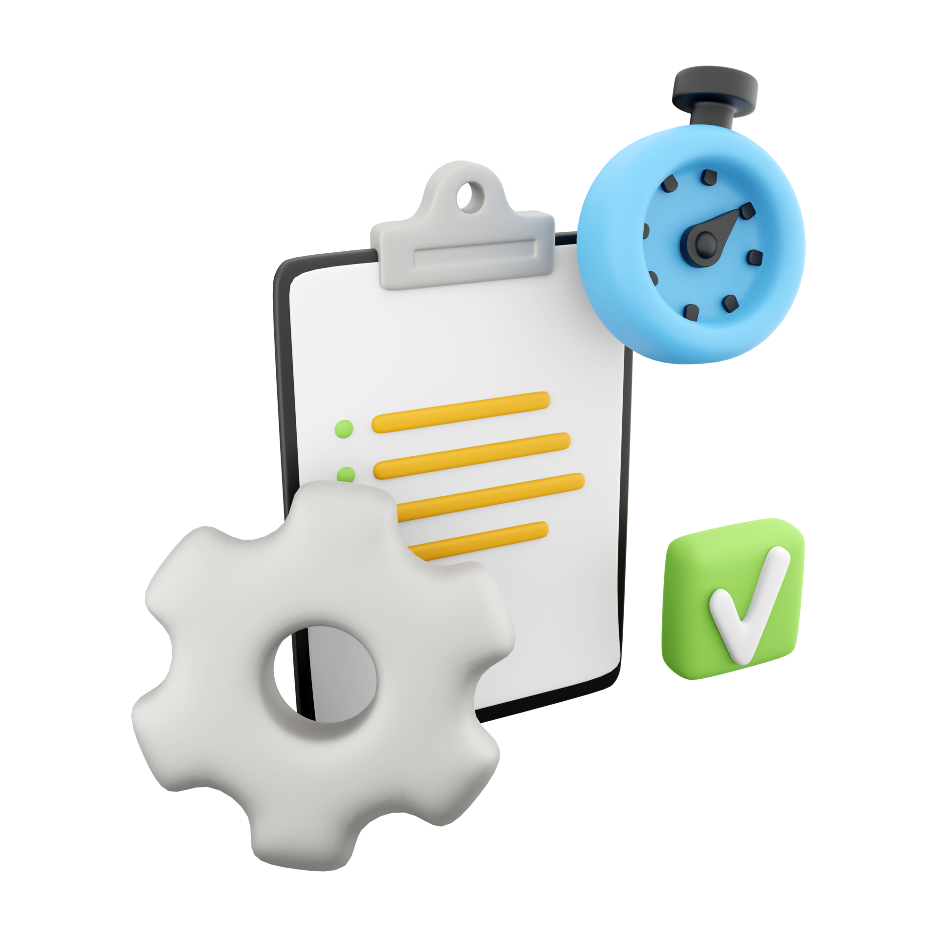 3d rendering clipboard with alarm clock and gear icon. 3d render timer