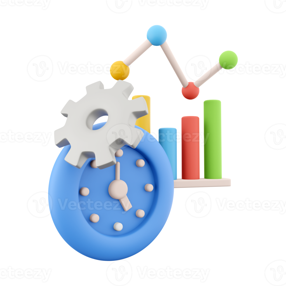 3d rendering alarm clock with gear growth bar graph icon. 3d render blue timer with growth bar graph icon.. Alarm clock with gear growth bar graph. png