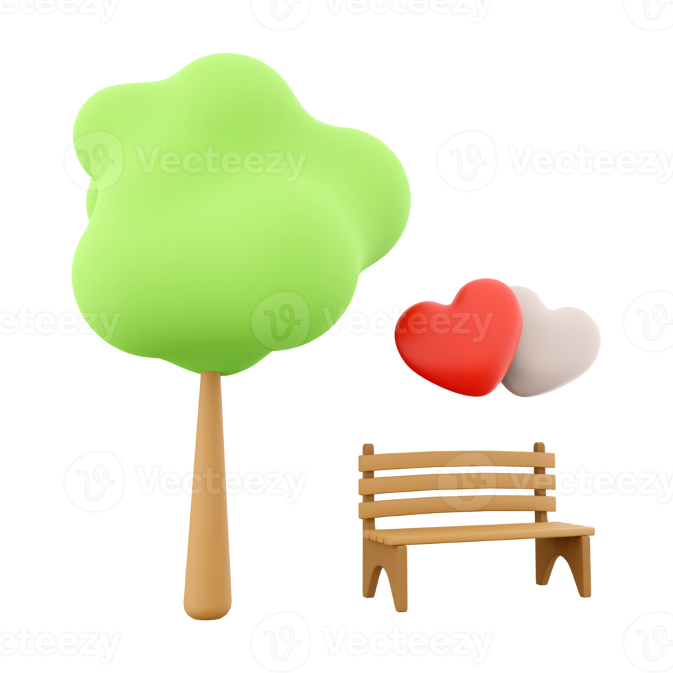 3d rendering icon two loving hearts on a bench near a tree. 3d render Valentine's Day icon. Two loving hearts on a bench near a tree. png
