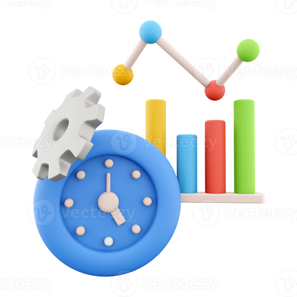 3d le rendu alarme l'horloge avec équipement croissance bar graphique icône. 3d rendre bleu minuteur avec croissance bar graphique icône.. alarme l'horloge avec équipement croissance bar graphique. png