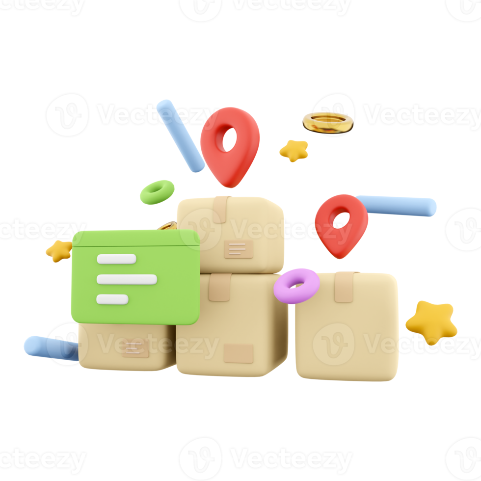3d tolkning leverans till de specificerad plats med underrättelse ikon. 3d framställa lådor plats underrättelse leverans ikon. leverans till de specificerad plats med underrättelse. png