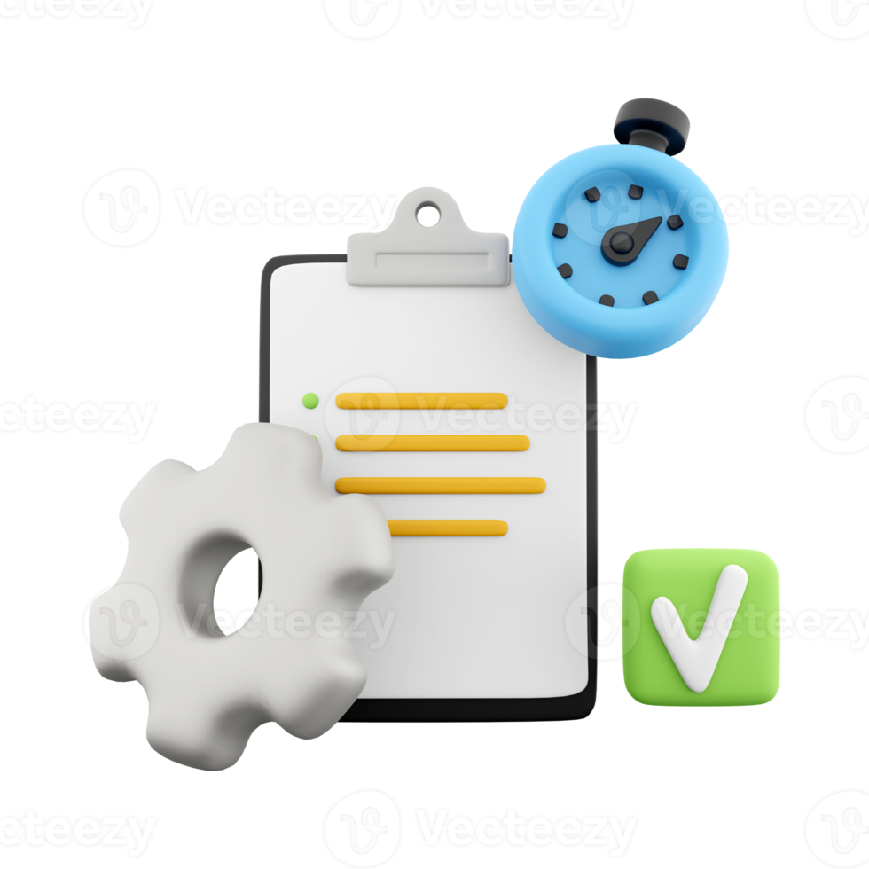 3d Renderização prancheta com alarme relógio e engrenagem ícone. 3d render cronômetro engrenagem e em branco Nota ícone. prancheta com alarme relógio e engrenagem. png