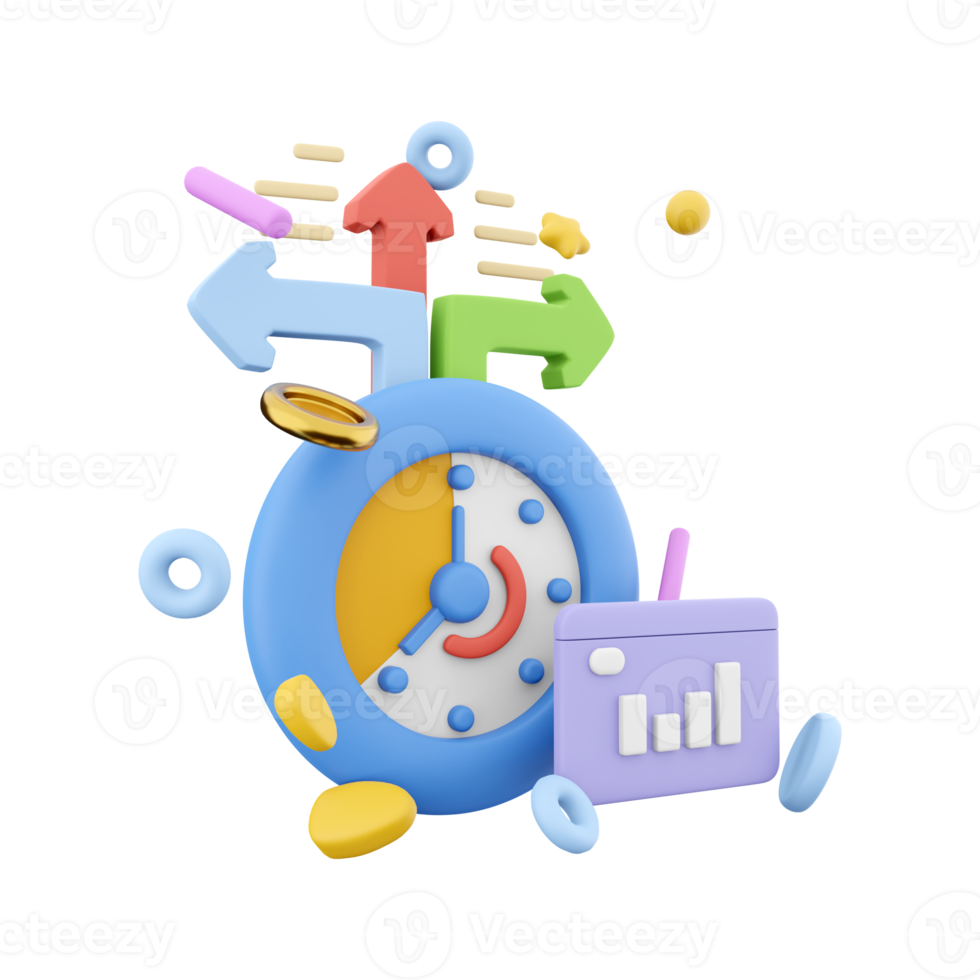 3d le rendu minuteur avec croissance histogramme et flèches icône. 3d rendre chronomètre temps résultats signe icône. minuteur avec croissance histogramme et flèches. png