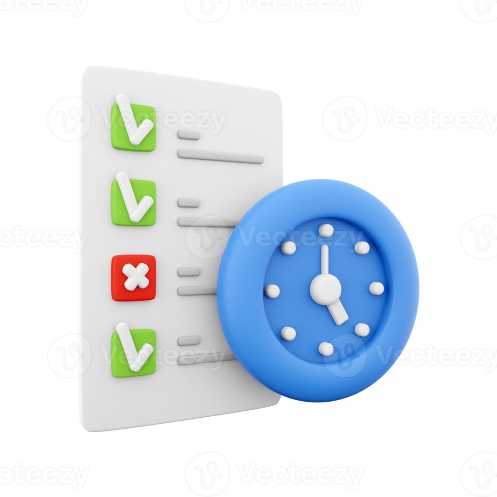 3d rendering timing concept with clock and check list on clipboard icon, 3d render clipboard with complete checklist icon. Timing concept with clock and check list on clipboard. png