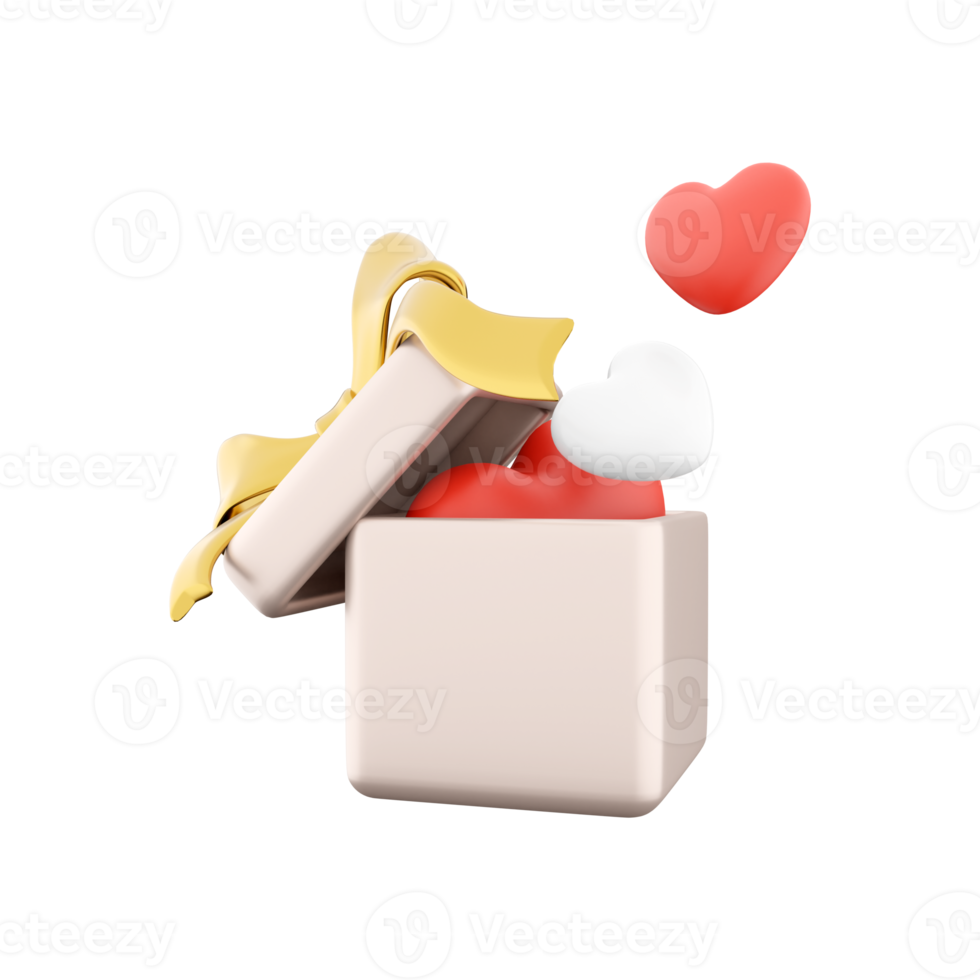 3d rendering icon of gift box with hearts. 3d render icon gift box red and white hearts. Gift box with hearts. png