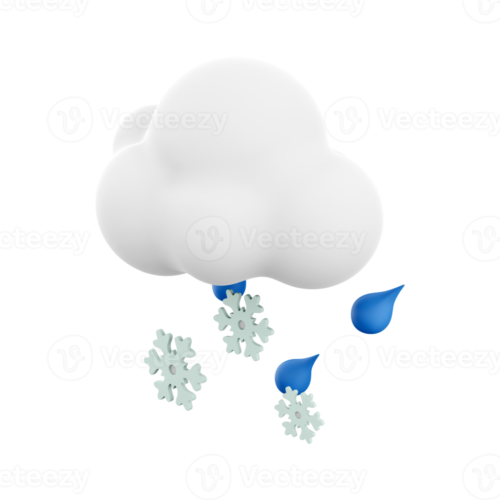 3d renderen wolk en regen met sneeuw icoon. 3d geven sneeuwachtig regenachtig weer icoon. wolk en regen met sneeuw. png