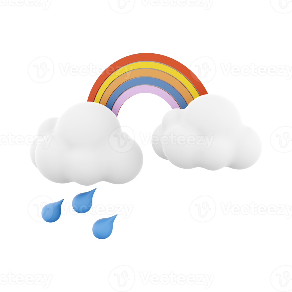 3d rendering rainbow with rain and clouds icon. 3d render rainy and cloudly weather with rainbow icon. Rainbow with rain and clouds. png