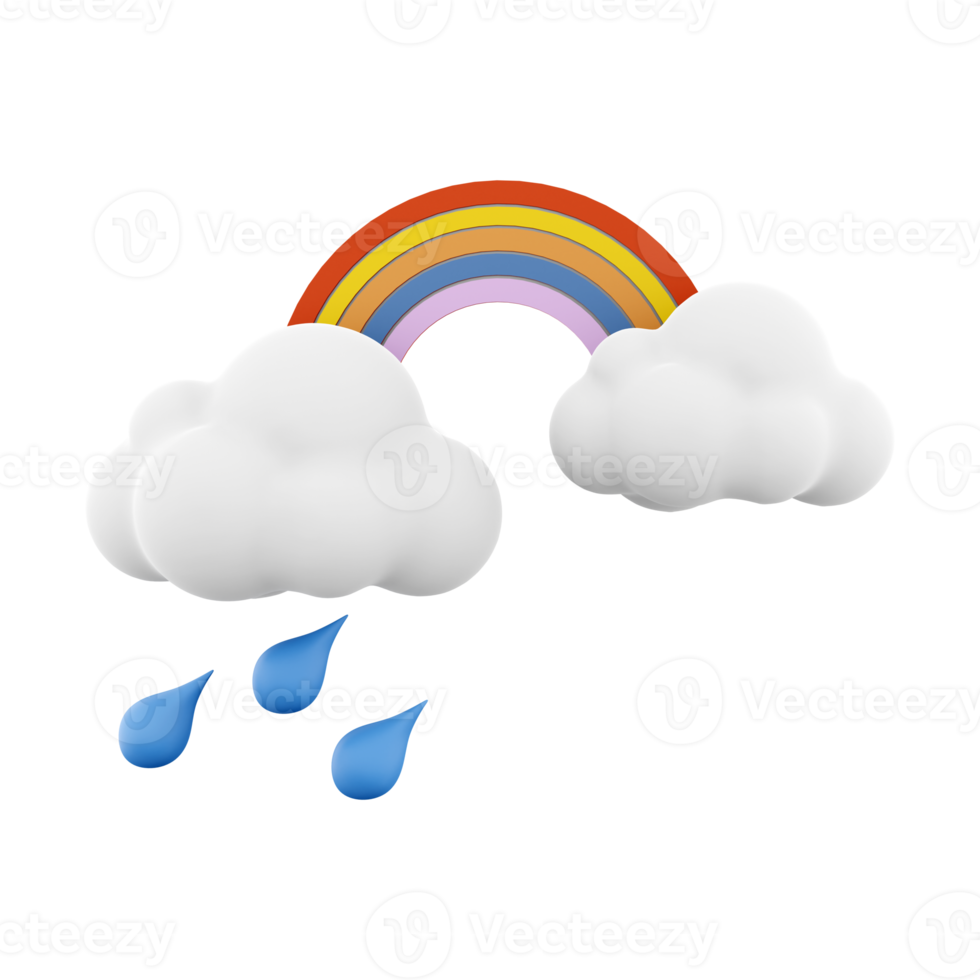 3d Rendern Regenbogen mit Regen und Wolken Symbol. 3d machen regnerisch und wolkig Wetter mit Regenbogen Symbol. Regenbogen mit Regen und Wolken. png