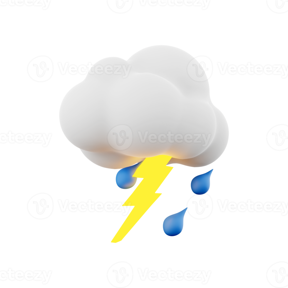 3d rendering rain with thunder and cloud icon. 3d render thunderstorm icon. Rain with thunder and cloud. png