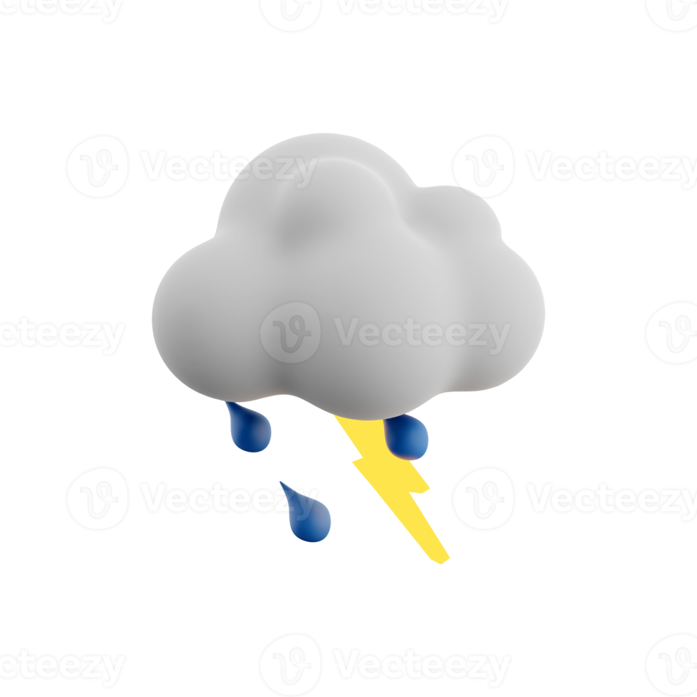 3d interpretazione pioggia con tuono e nube icona. 3d rendere temporale icona. pioggia con tuono e nube. png