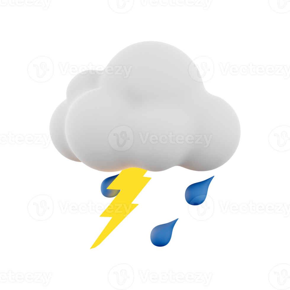 3d rendering rain with thunder and cloud icon. 3d render thunderstorm icon. Rain with thunder and cloud. png