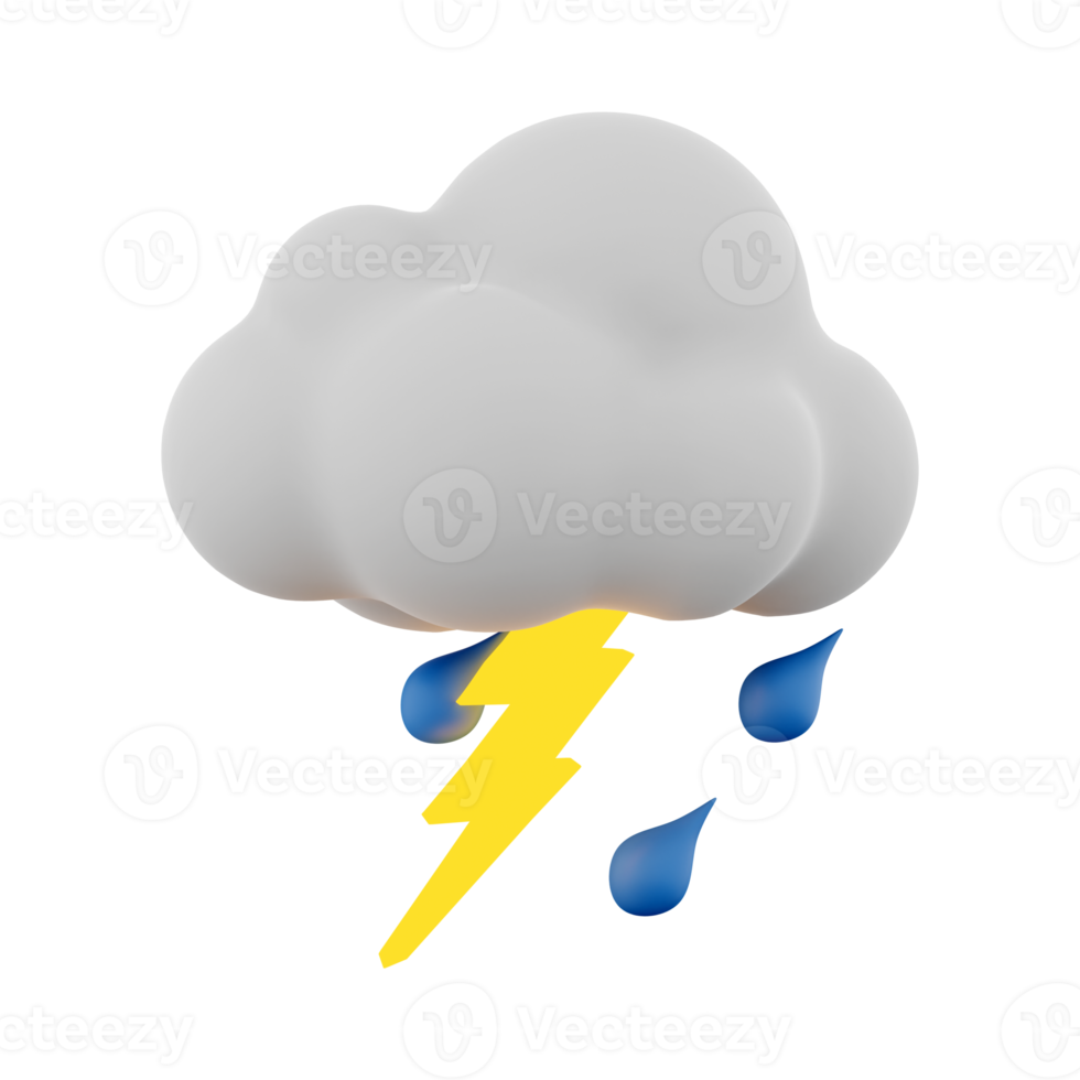 3d rendering rain with thunder and cloud icon. 3d render thunderstorm icon. Rain with thunder and cloud. png