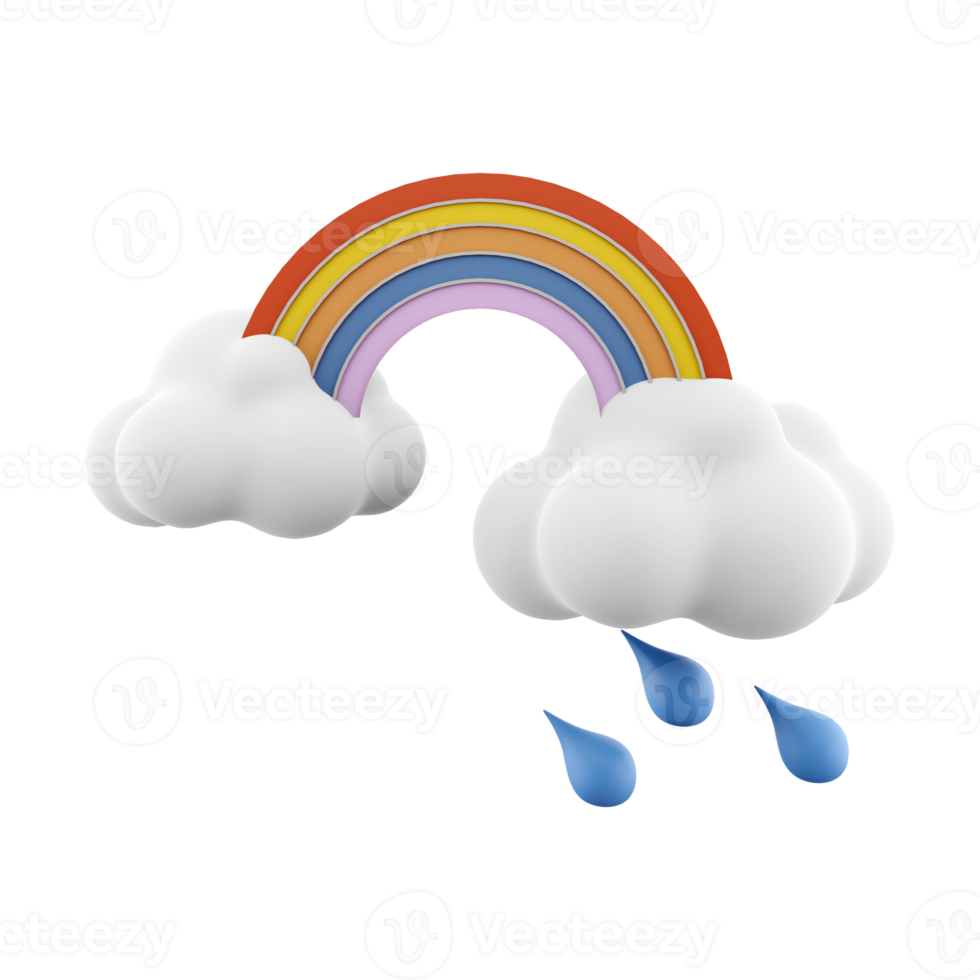 3d rendering rainbow with rain and clouds icon. 3d render rainy and cloudly weather with rainbow icon. Rainbow with rain and clouds. png