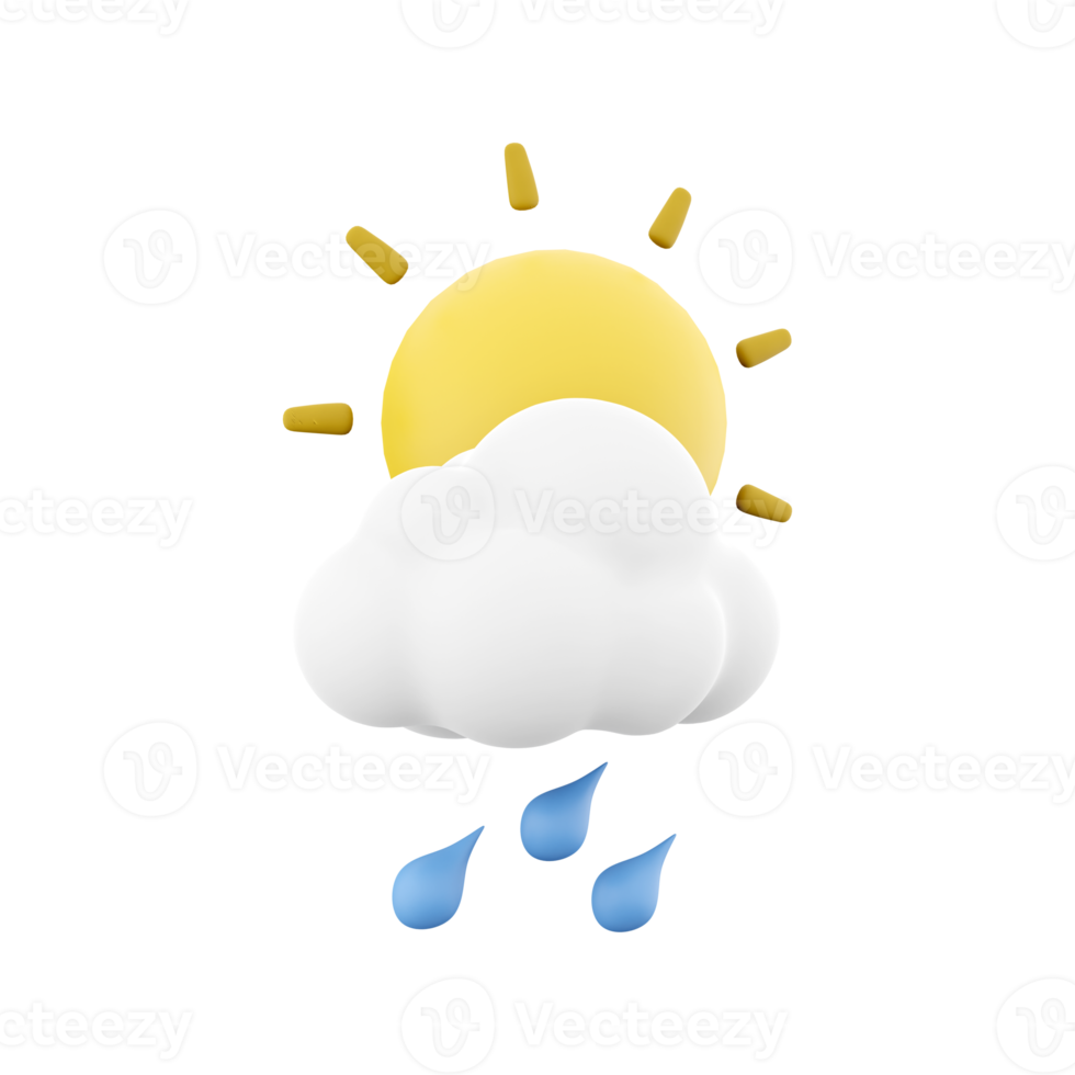 3d rendering rain with cloud and sun icon. 3d render weather sun with rain drops and cloud. Rain with cloud and sun. png