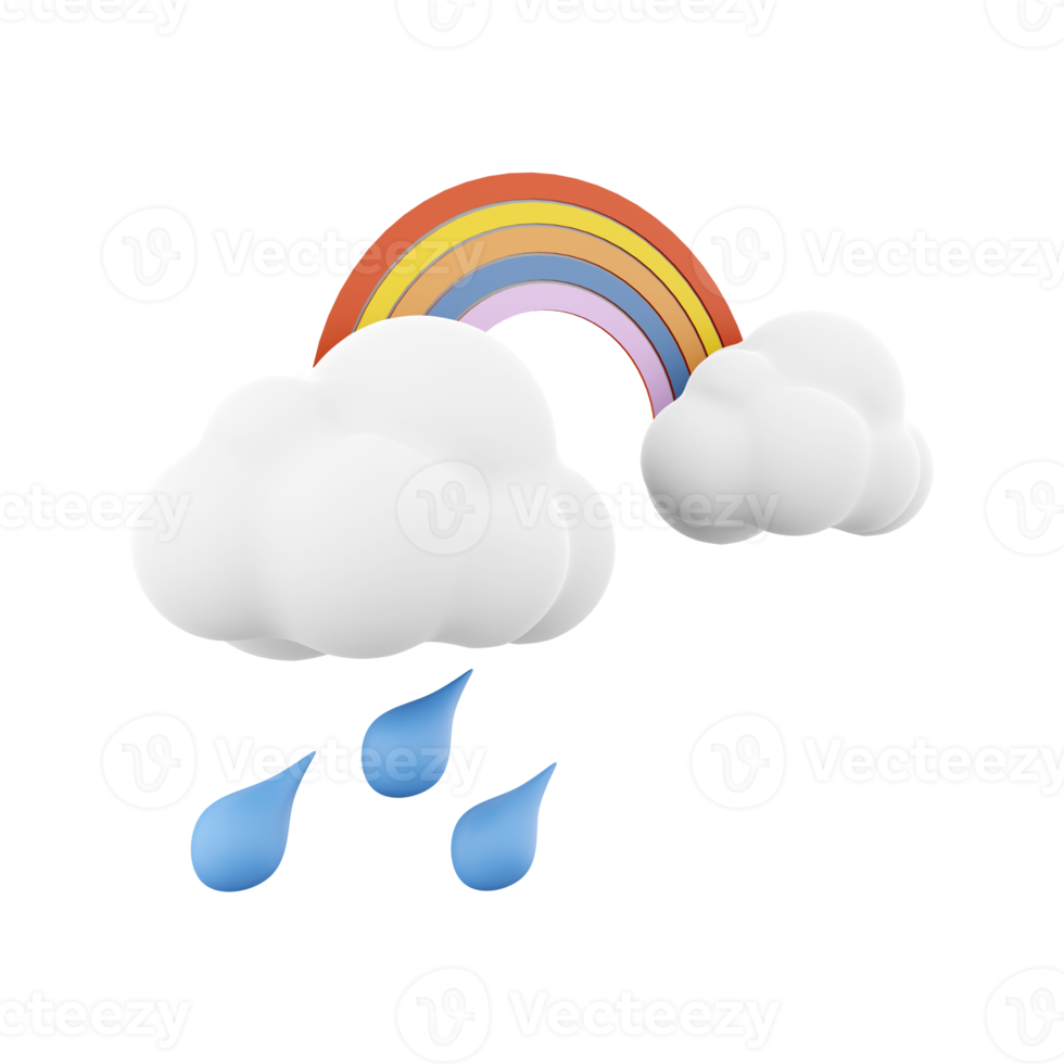 3d interpretazione arcobaleno con pioggia e nuvole icona. 3d rendere piovoso e nuvoloso tempo metereologico con arcobaleno icona. arcobaleno con pioggia e nuvole. png