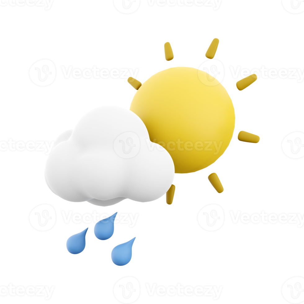 3d rendering rain with cloud and sun icon. 3d render weather sun with rain drops and cloud. Rain with cloud and sun. png