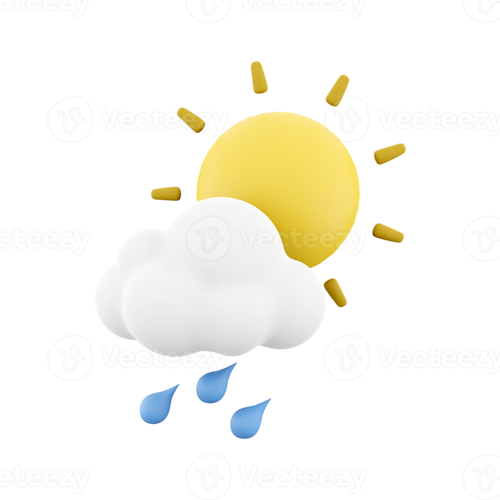 3d rendering rain with cloud and sun icon. 3d render weather sun with rain drops and cloud. Rain with cloud and sun. png