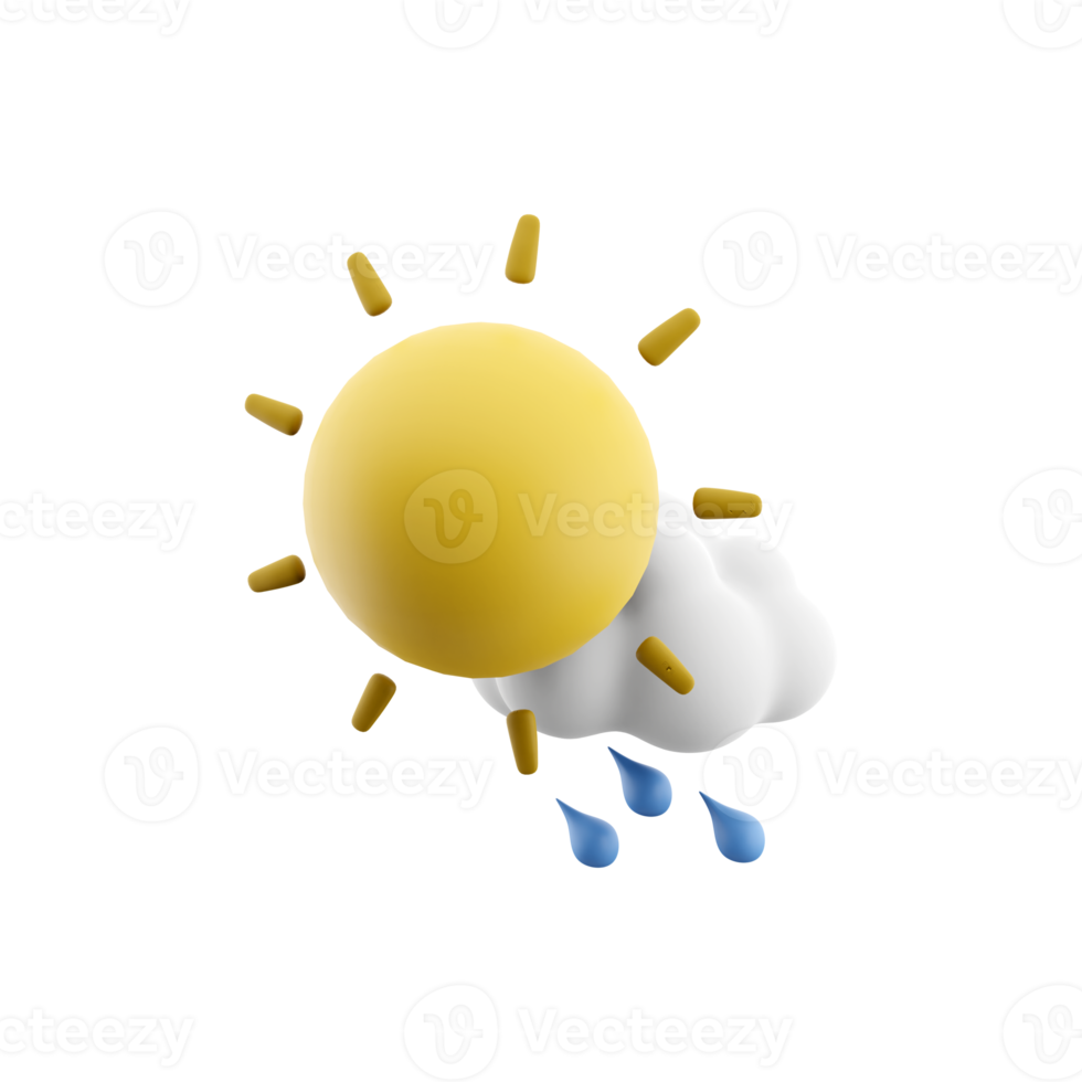 3d Renderização chuva com nuvem e Sol ícone. 3d render clima Sol com chuva gotas e nuvem. chuva com nuvem e Sol. png