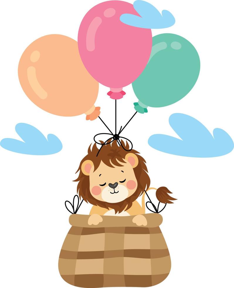 Cute lion flying in basket with balloons vector