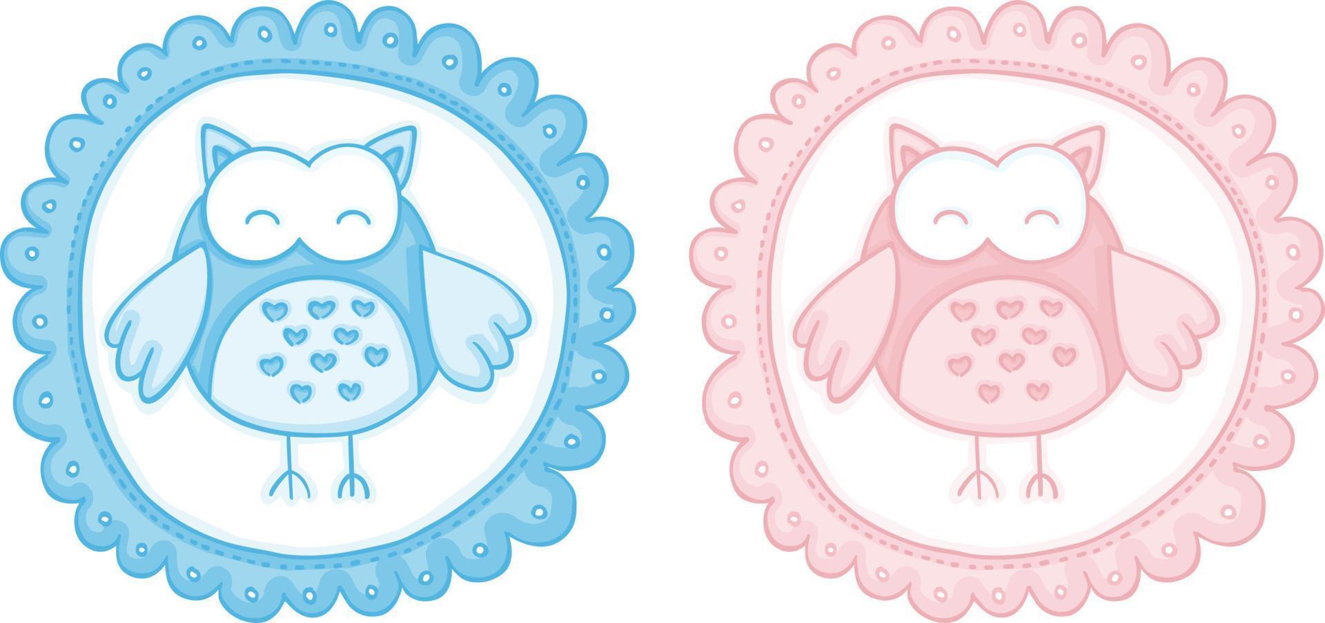 Blue and pink baby round label with cute owl vector