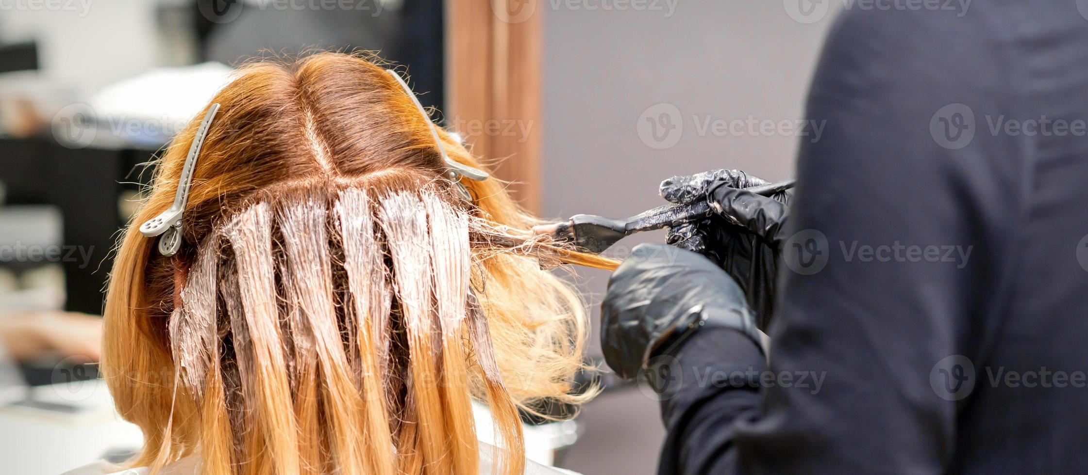 Hairdressers dyeing hair of woman photo