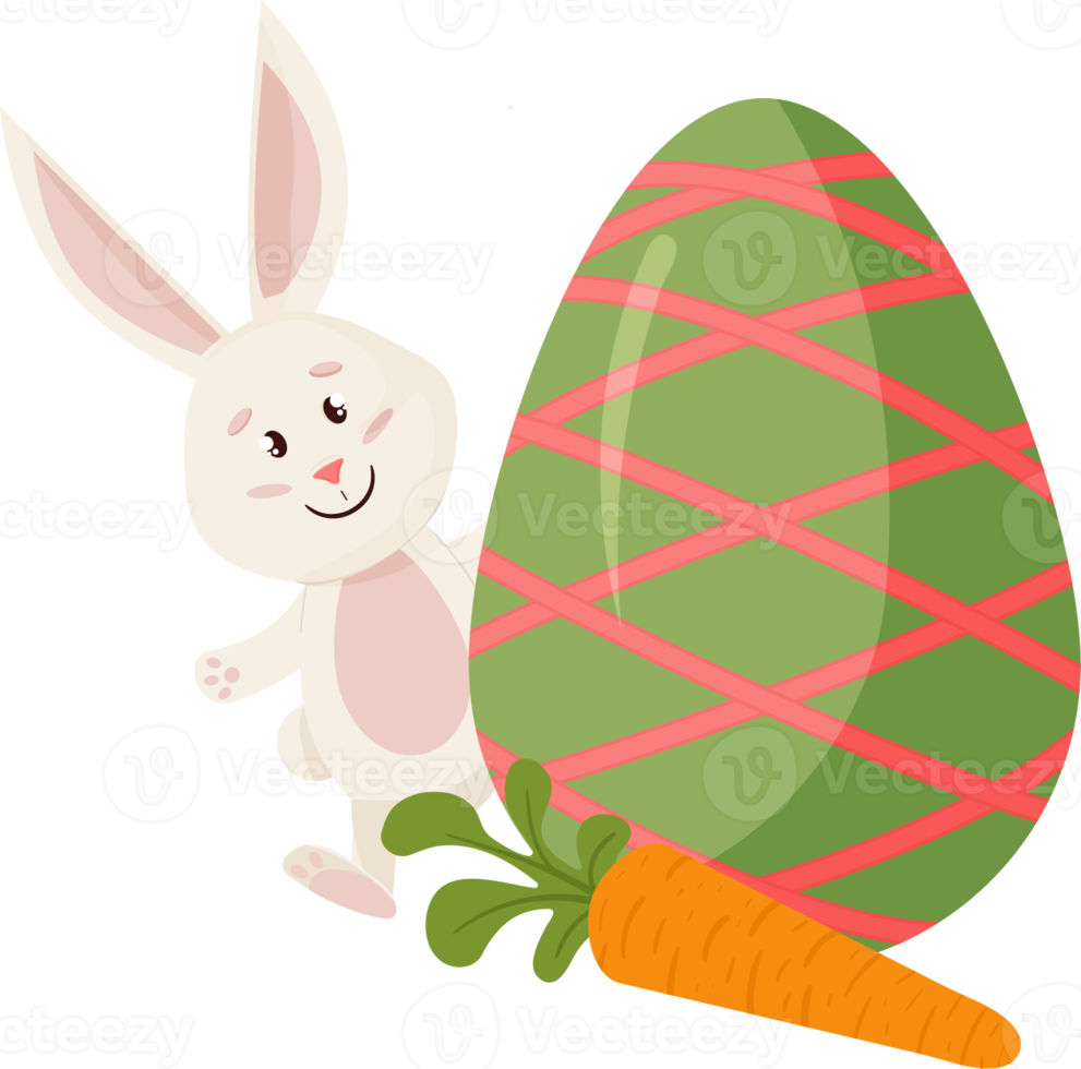 Bunny Character. Peeks out from Egg, Carrot. Funny, Happy Easter Rabbit. PNG