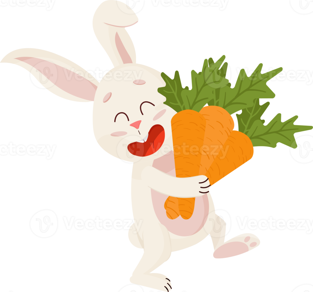 Bunny Character. Laughing Funny, Happy Easter Cartoon Rabbit with Carrots. PNG