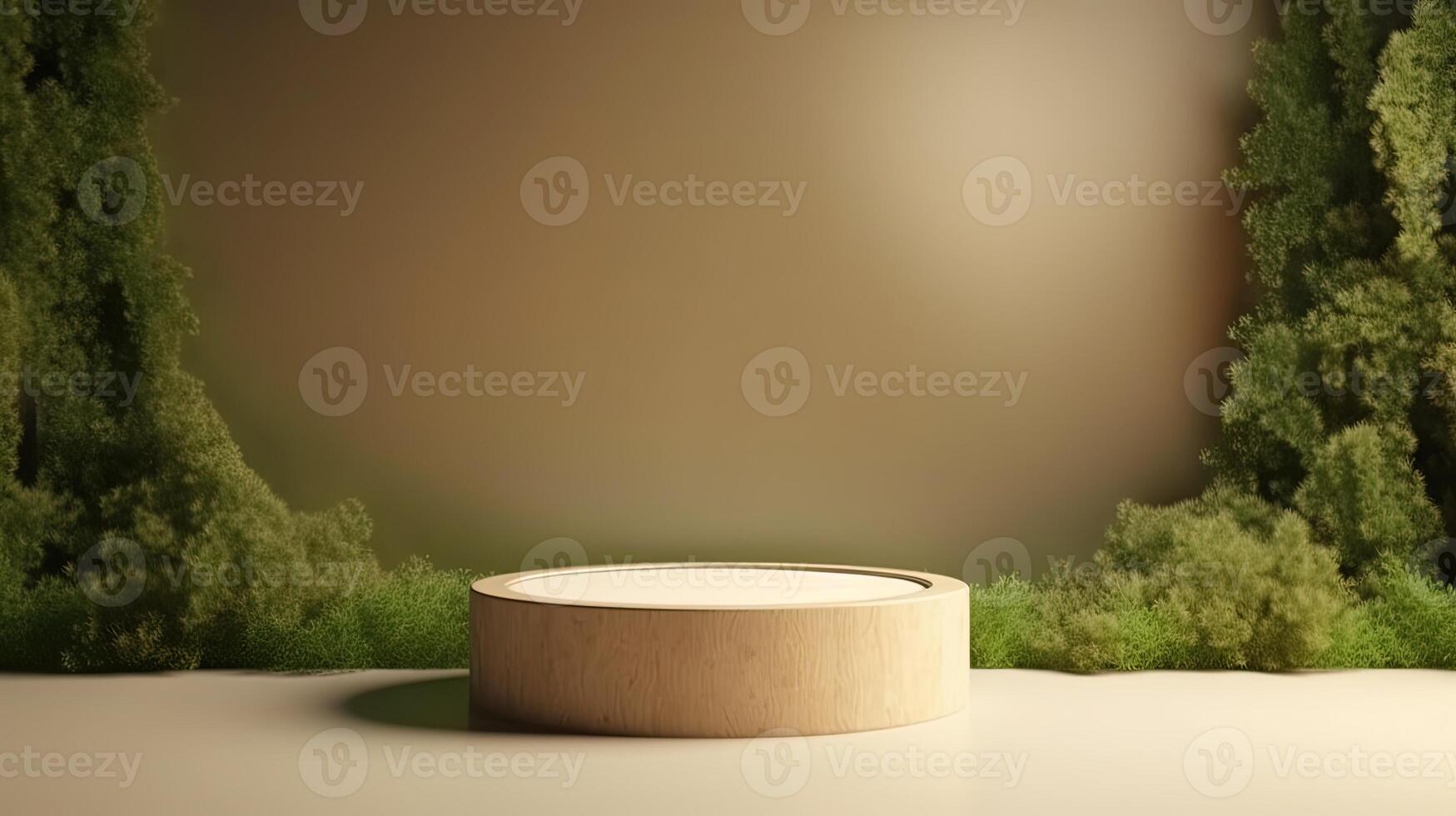 , product beige minimal scene with geometric podium platform and moss plants, mock up stand for cosmetic products. photo
