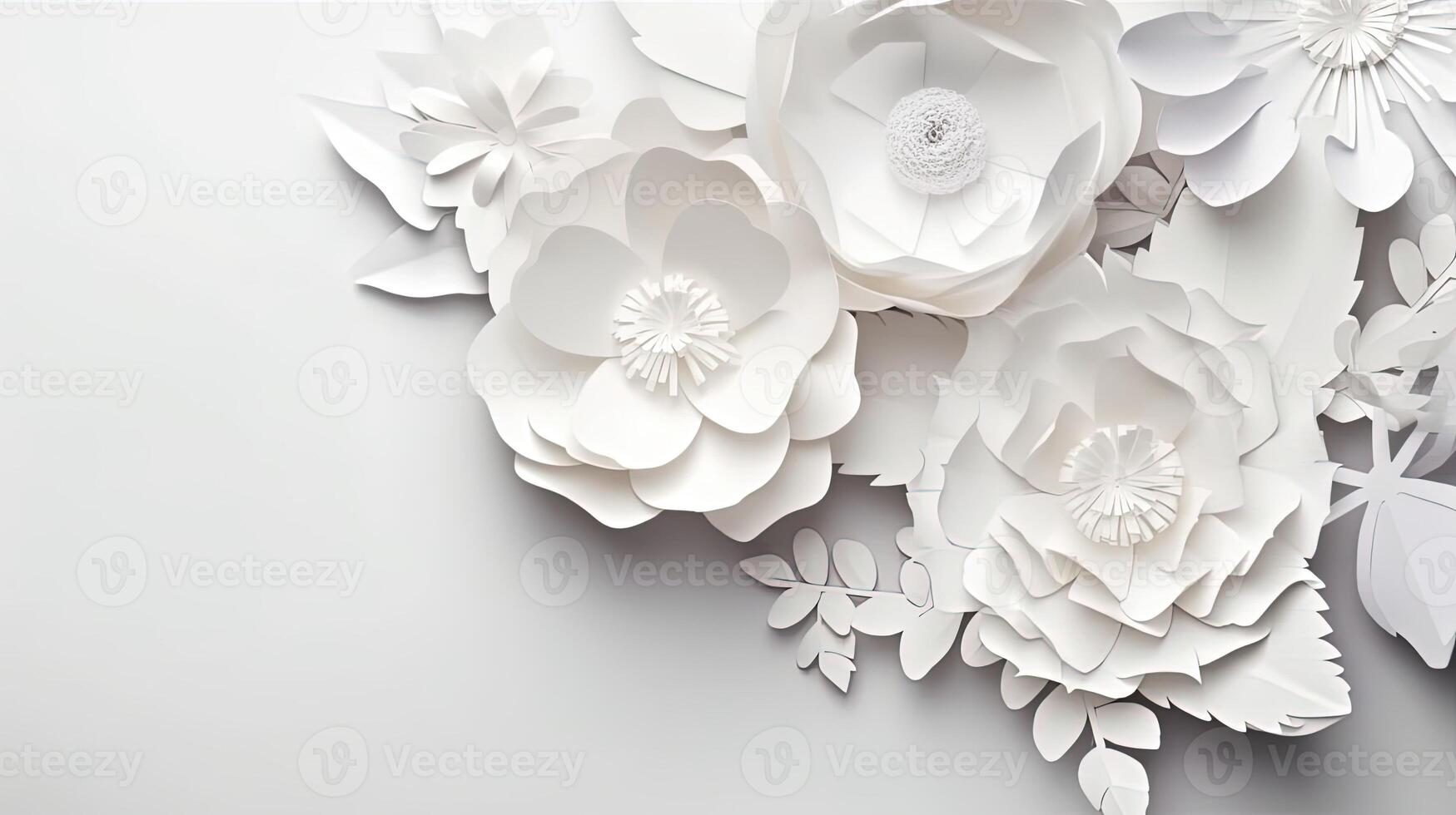 , Paper cut craft flowers and leaves, white color, floral origami textured background, spring mood. Photorealistic effect. photo