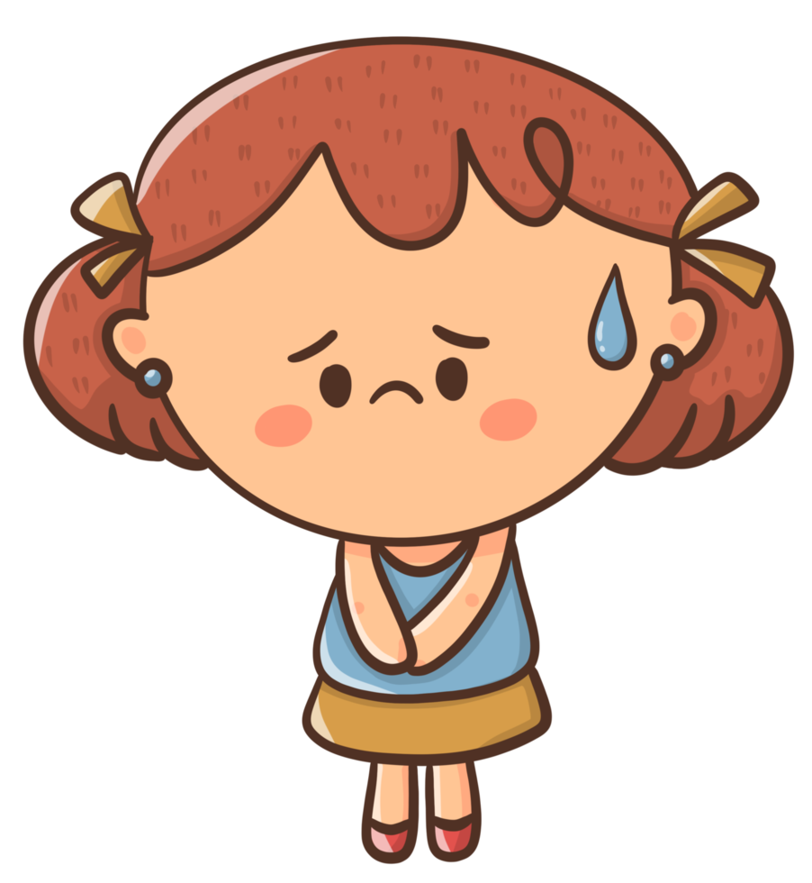 Cartoon illustration little girl looks sad or nervous. png