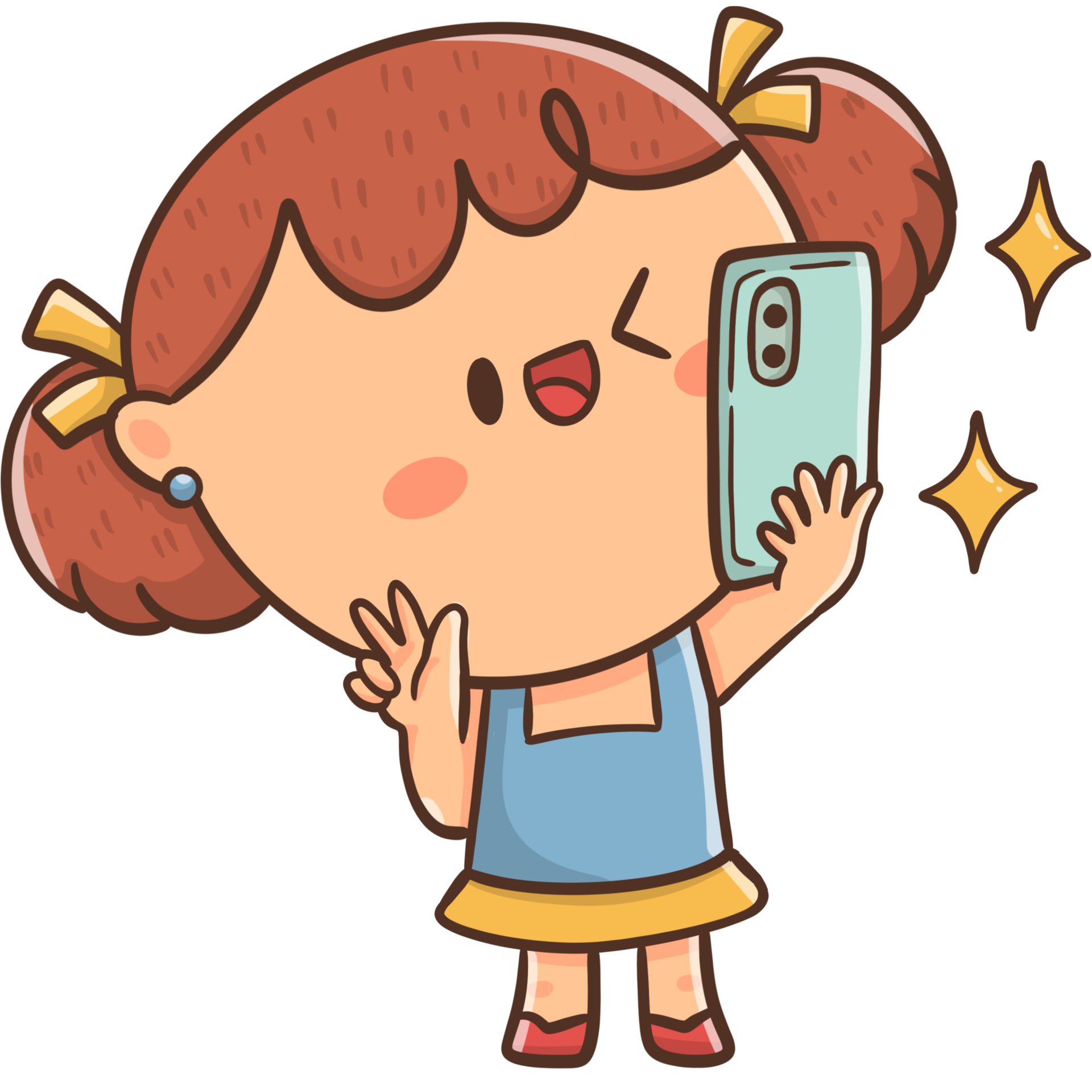 Cartoon illustration happy little girl takes a selfie with her  phone,capturing the moment and her cheerful expression. 22289952 PNG