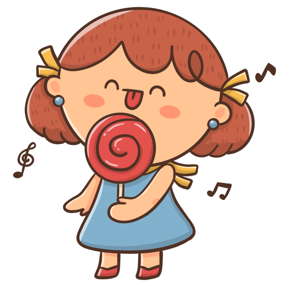 Cartoon illustration little girl happy and enjoy eating delicious candy. png
