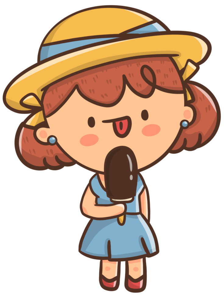 Cartoon illustration little girl happy and enjoy eating a delicious ice cream png