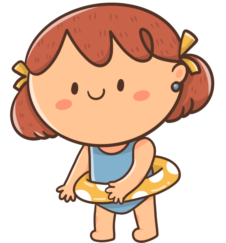 cartone animato illustrazione poco ragazza indossa un' costume da bagno e giochi con un' gomma da cancellare squillare nel il acqua. png