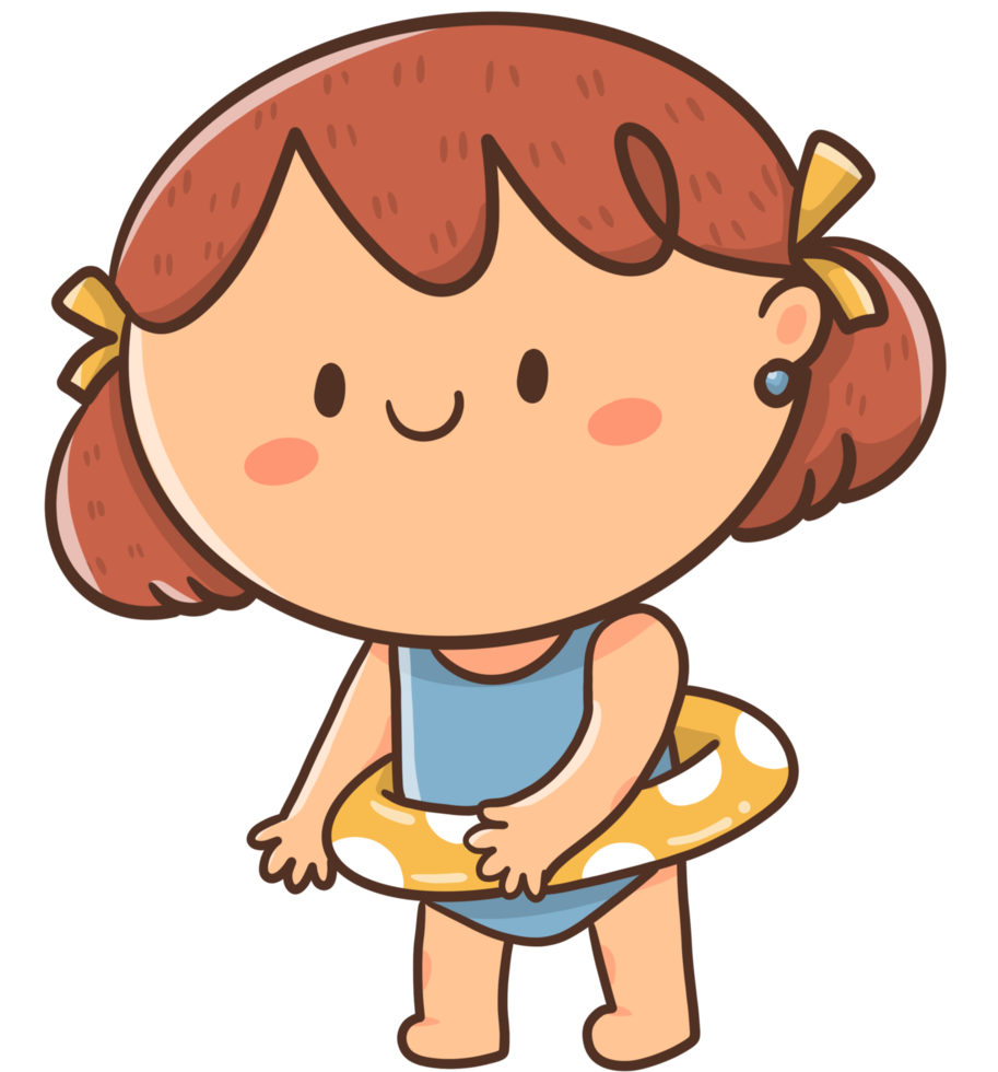 Cartoon illustration little girl wears a swimsuit and plays with a rubber ring in the water. png