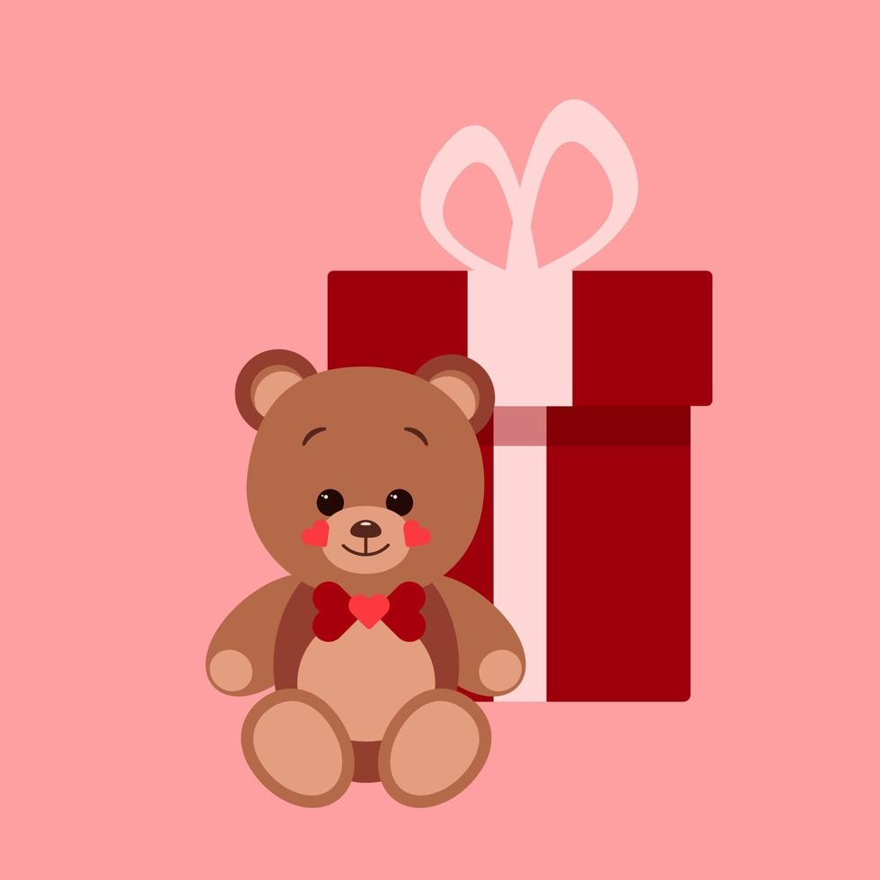 linda osito de peluche oso con regalo caja, saludo tarjeta, vector ilustración