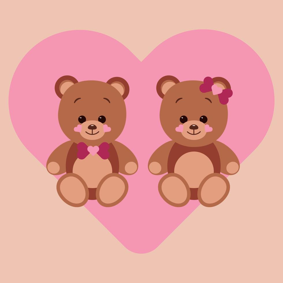 dos osito de peluche osos sentar en el antecedentes de un grande rosado corazón. el concepto de enamorado día. plano vector ilustración aislado en un rojo antecedentes