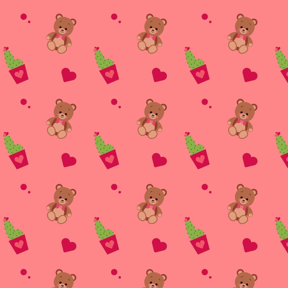 Cute little teddy bear toy, with a heart and a gift box, a seamless pattern. Vector illustration