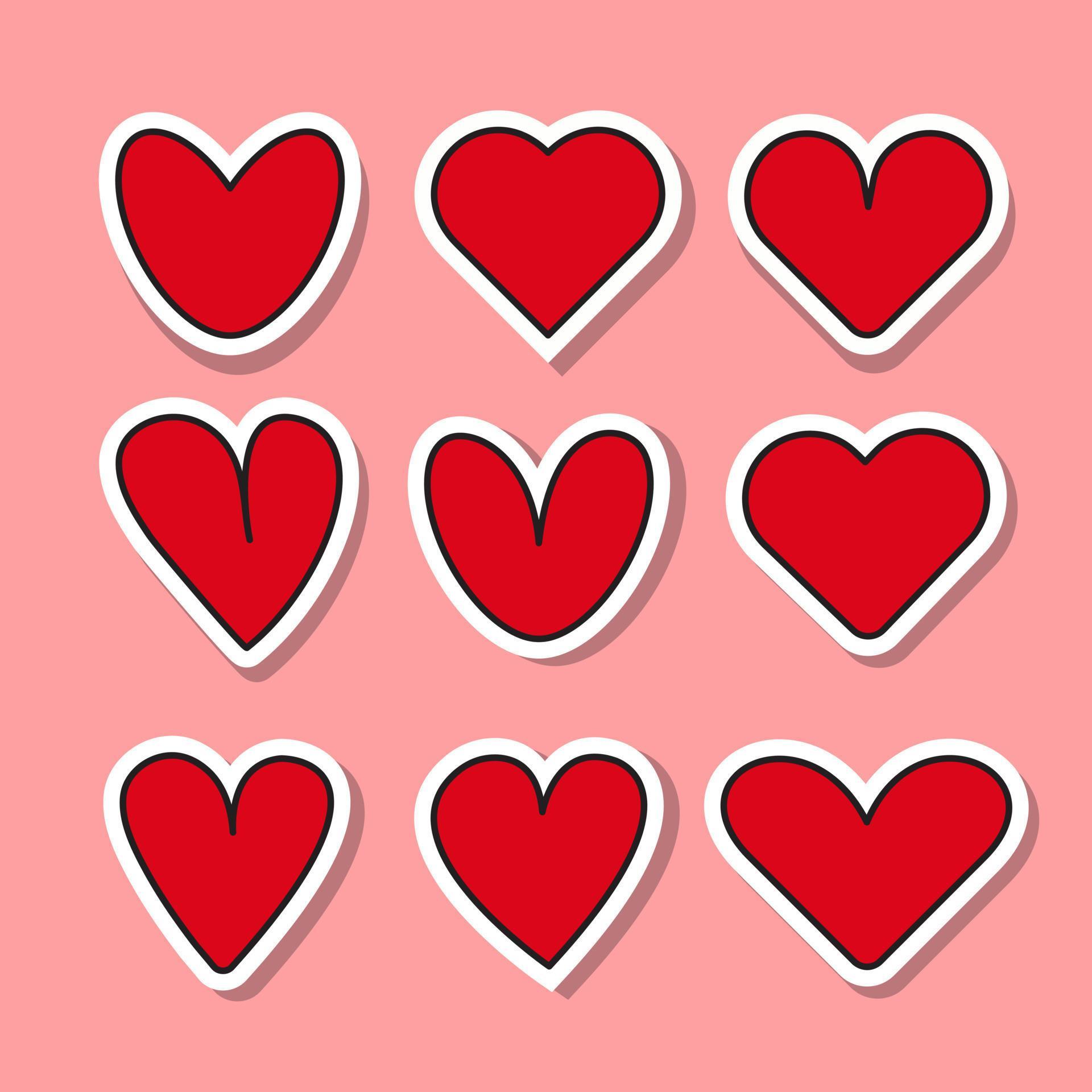 Set of red hearts stickers. Different romantic vector heart icons for stickers, labels, and
