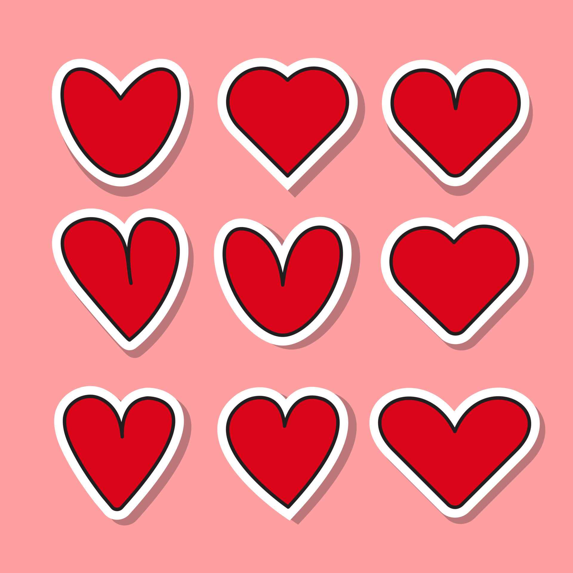 Set of red hearts stickers. Different romantic vector heart icons for stickers, labels, and