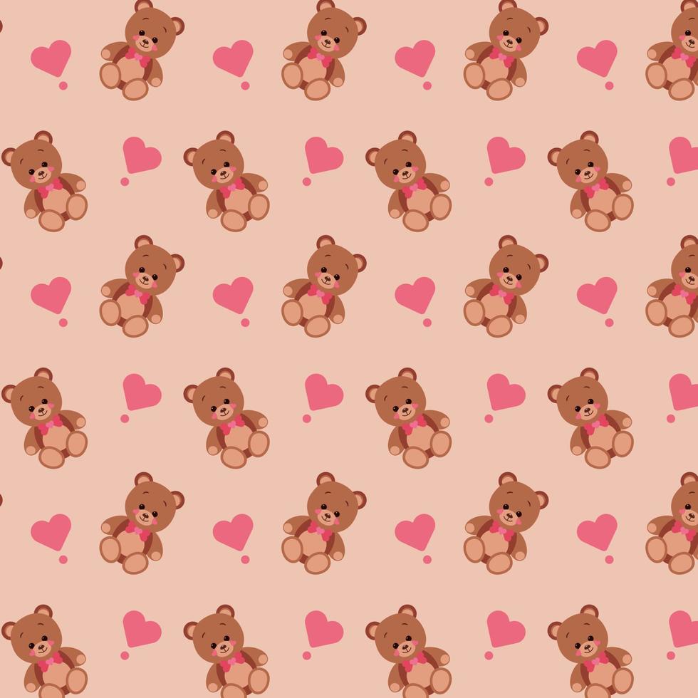 Cute little teddy bear toy, with a heart and a gift box, a seamless pattern. Vector illustration
