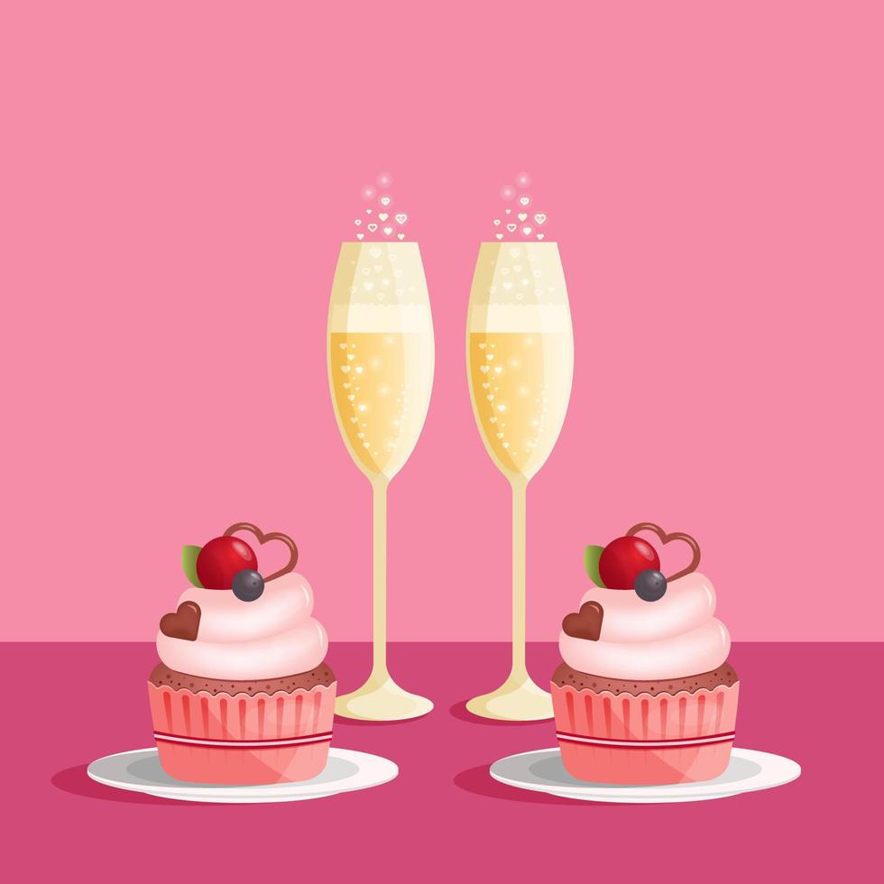 Two glasses of champagne and cupcakes. Love concept, vector illustration