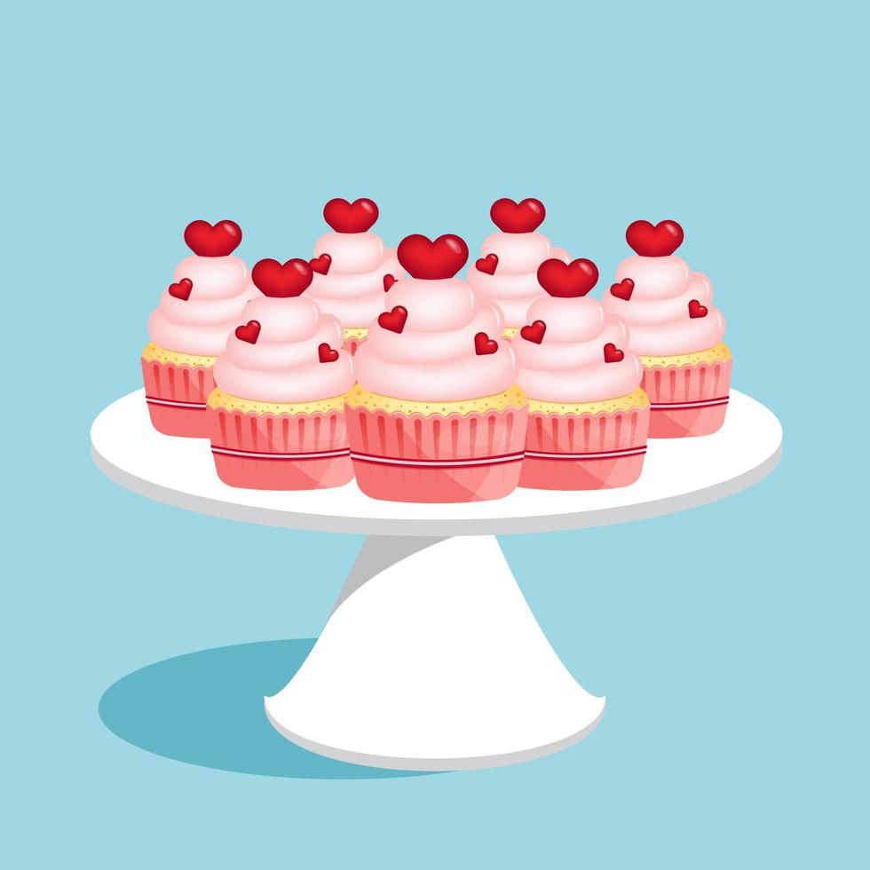 Many flavor cupcakes with berries and red hearts on a white platter, vector Illustration