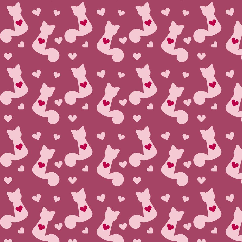 Seamless pattern with pink cats and hearts on purple background. Vector illustration
