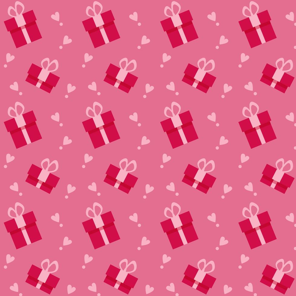 Seamless pattern with red gift boxes and pink hearts on pink background. Vector illustration